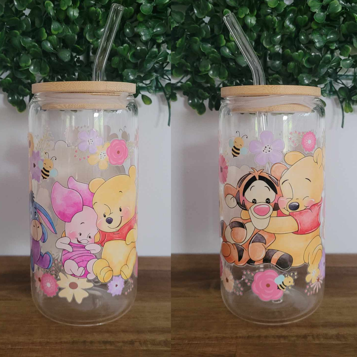 Pooh Bear Inspired 16oz Libbey Tumbler w/ Bamboo Lid & Glass Straw